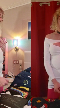 Trans Lilly Sophie juega con sus grandes tetas y sus chicas duras en su vestido blanco y se corre con masturbador