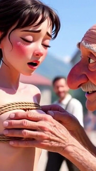 Femme attachée sur une place publique - un vieux lui caresse le corps