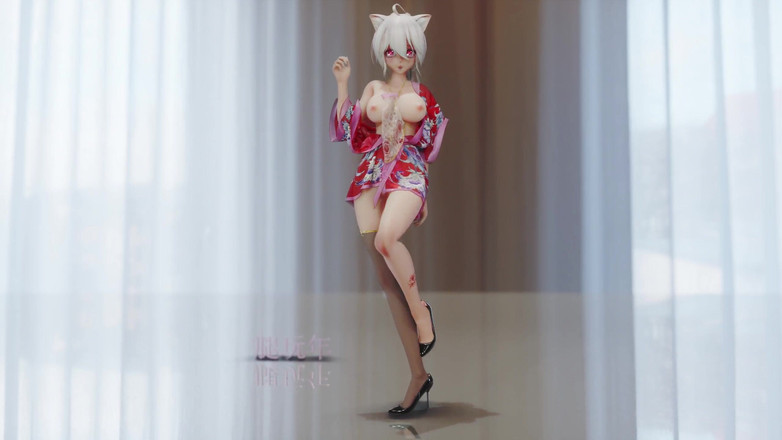 MikuMotion: Çikolatalı krema cheongsam; Siyah çoraplı; Kırmızı soled yüksek topuklu ayakkabılar