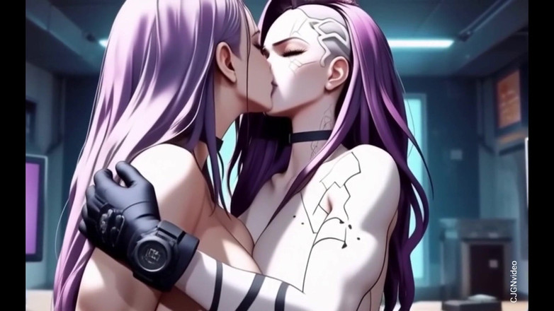 Hot girl dancing: Zwei cyberpunk-frauen ziehen sich aus und küssen sich (ai animation)