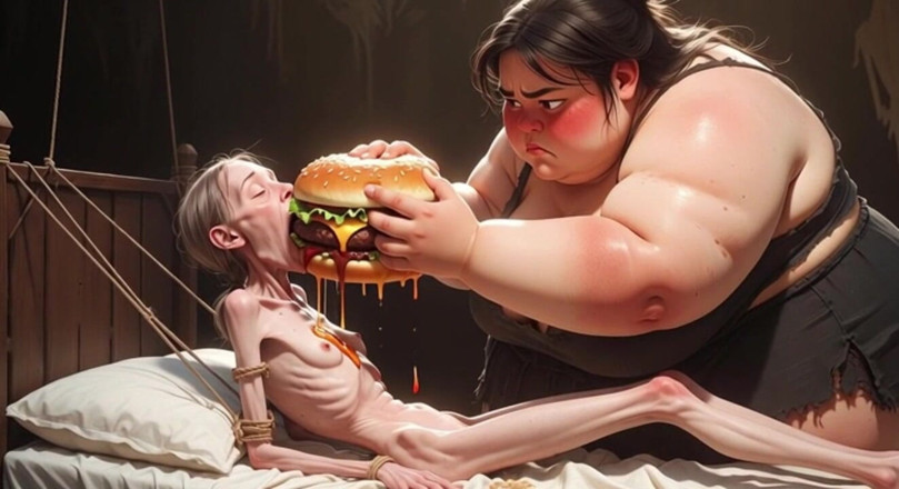 YOUR BEST FANTASY: Extremely Skinny Girl Fed by Massive SSBBW - Extreme Feederism Contrast