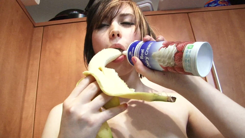 Lesbian Illusion: Nasty brunette chick with big boobs plays with food in...