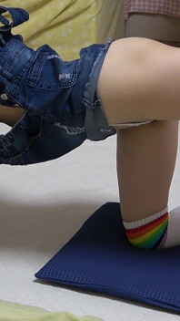 Natural Big Tits Spill Out From No Bra Denim Mini Skirt Overalls, Wedgie Micro Thong Panties,　japanese Girl's Erotic Exercise
