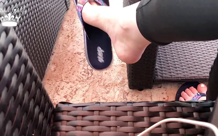 Goddess Misha Goldy: Flip flops dangling outdoor near lake with silver nails &amp; toes...