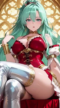 Golden Hall Fantasy! Ksatria berambut hijau dengan baju besi merah putih berlutut, menggoda dengan buku ajaib terapung - ilahi ketemu duniawi!