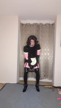 Latex Catsuit and Maid Dress Sissy Tries to Fuck Both of Her Holes with Dildos