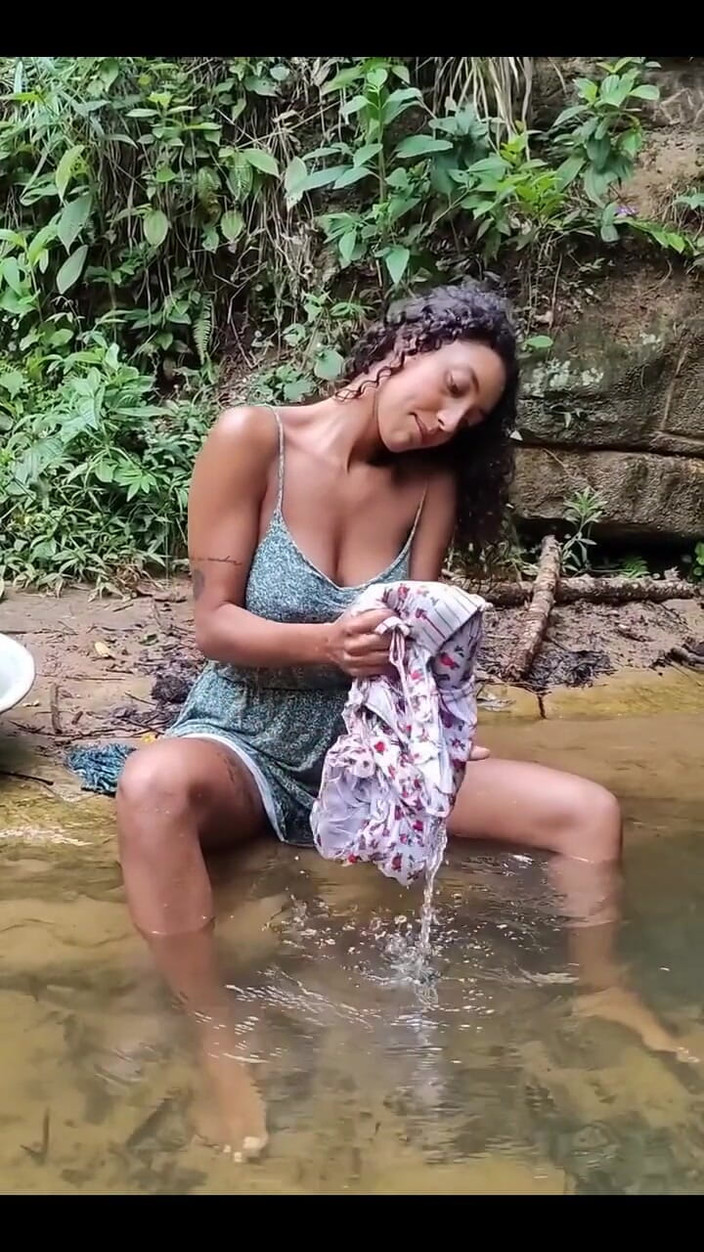 Nati Roza: Beautiful Petit Latina Washing Clothes in the Stream