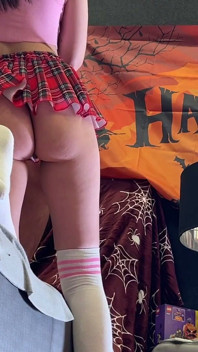 Cute Beauty Real College Girl Gets All the Cum on Her Clothes in CFNM Mode for Halloween