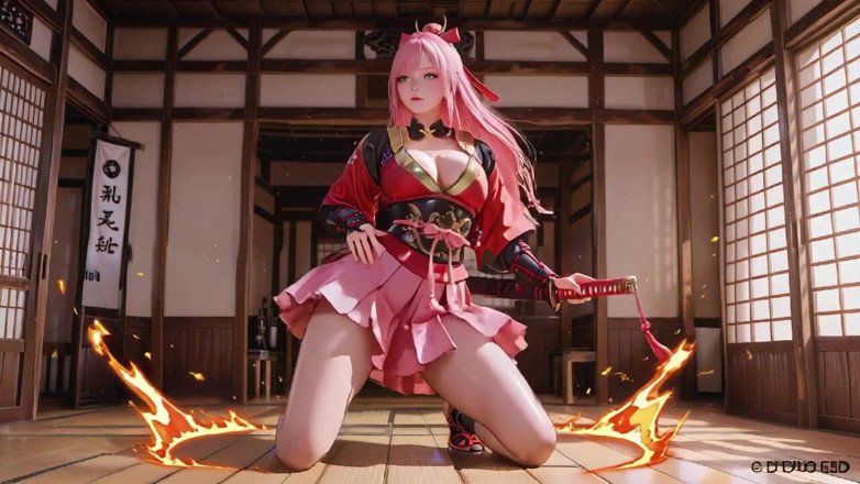 Seraphina Vale: 深红色武士！粉色头发的战士跪在榻头上，高开衩和服滑到露雪的大腿。