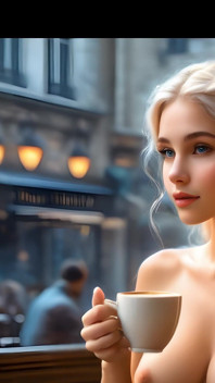 Hermosa chica elfo desnuda de grandes pechos disfrutando de una taza de café
