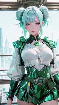 ¡La chica blindada verde! Valquiria de pelo plateado arrodillando y mirando la espalda, dedos trazando su traje metálico frío.