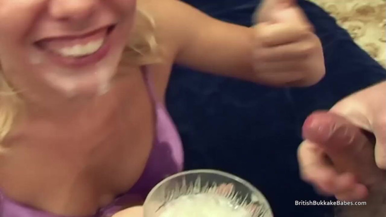 British Bukkake Babes: Blonde Draws Cum Then Eats It off a Donut