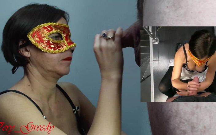Les Gourmands: MILF s červenou maskou saje velký penis svého manžela a bere...