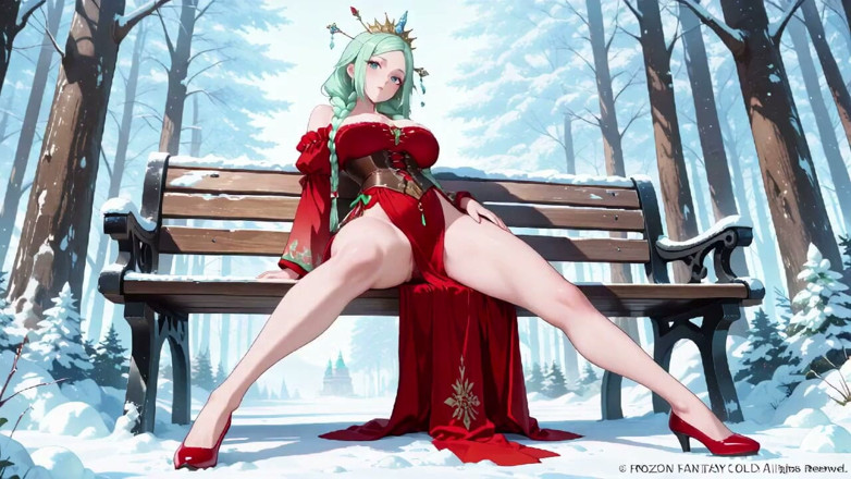 Tay Swift X: Green-haired Goddess in Red Gown Kneels in the Crystal Hall,...