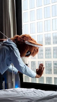 Bez siodełka Femboy Furry Fursuit jebanie przed oknem