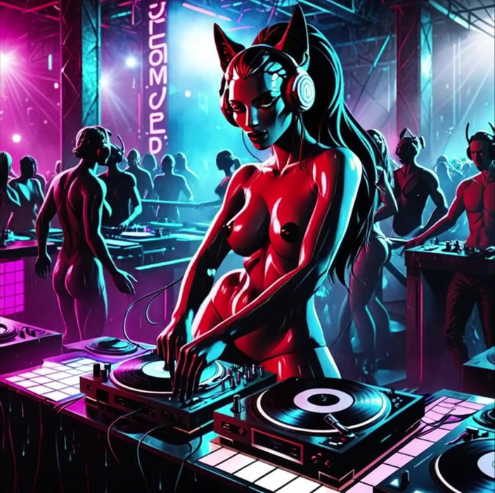 Horny van stevie: Sexy Demoness Dj Dystopian Cyberpunk Club Synthwave House Techno Ai