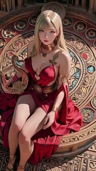 Ratu blonde dalam pakaian merah! Duduk di tepi pancutan air pancut, melaraskan pakaian celahnya. Mata dikunci pada awak.