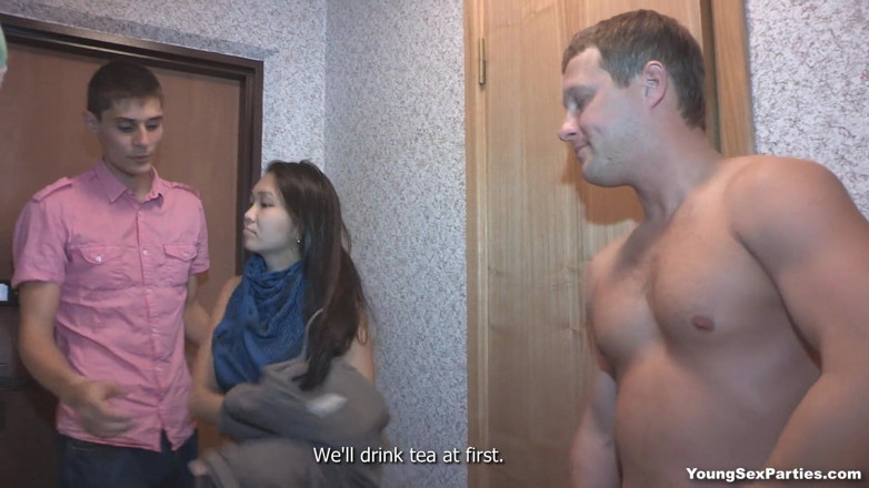Young Sex Parties: Foursome with redhead and Asian teens