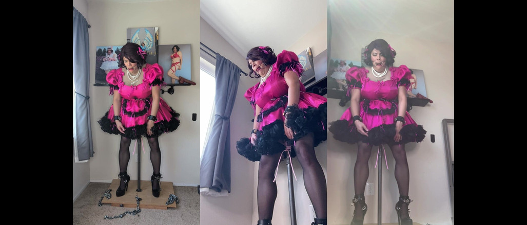 Sissy Candy: Servitoarea roz Sissy Candy este blocată pe vibratorul ei stand și...