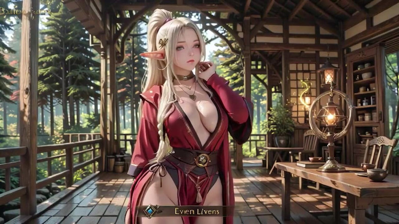 Seraphina Vale: Red Robe Elf Sorceress! Sun-dappled Forest Terrace, Kneeling Gaze That...