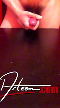 Standing Slim Twink Jon Arteen Wanks His Cock with Oil and Squirts a Lot of Cum Away on the Table Moaning, Front View