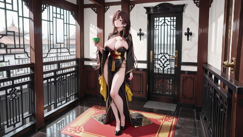 Tay Swift X: The Black &amp; Gold Qipao Lady Kneels in the Wooden Corridor,...