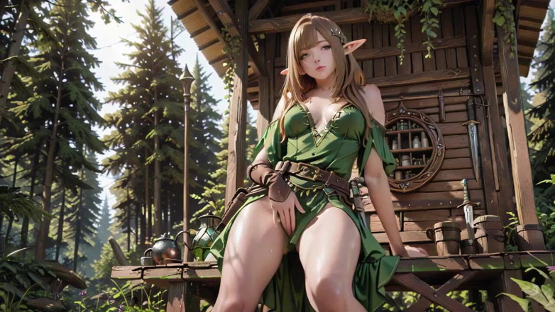 Seraphina Vale: Приватна фантазія лісового ельфа! Зелений наряд поза плечем, стоячи на колінах і вигинаючи стегна на чіткому білому тлі.
