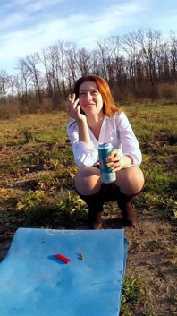 Skinny Readhead Smoking and Laughing Outdoor While Touching Her Pussy Trough Pantyhose