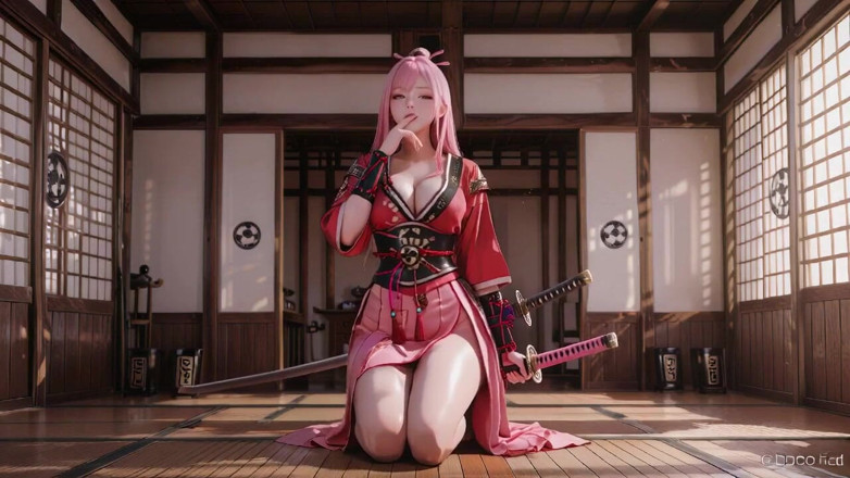 Seraphina Vale: Crimson Samurai! Pink-haired Warrior Kneeling on Tatami, High-slit Kimono Slipping...