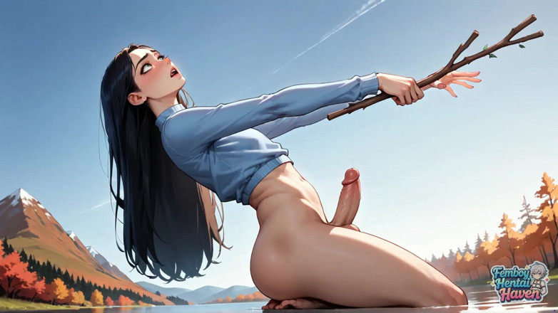 Femboy Hentai Haven: Роскошный фембой в черной коже имеет шпилю у осеннего озера. Он имеет вкусную кульминацию и получает украшения в