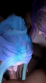Two girls with brightly colored hair double blowjob : 3D Porn