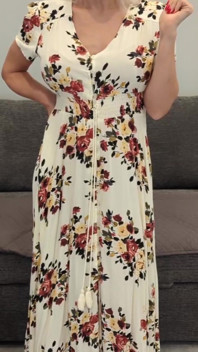 Long Floral Dress & Tan High Heels Try on