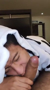 In a cow pijama sucking and riding my big uncut cock until he earns my hot milk