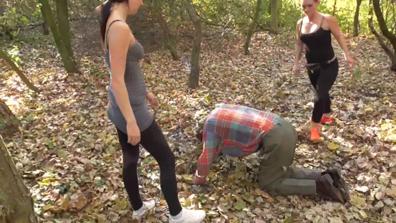 Femdom Austria: Kicking the old slave in the forest