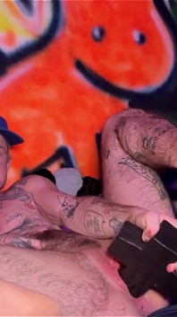 Tattooed Tboy XXX Skips Stretches His Pink Boy Pussy with an Xl Cross Dildo