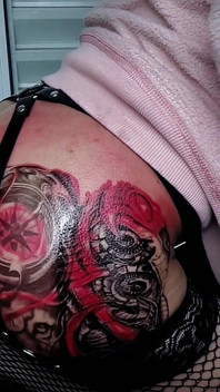 Huge Red Dildo Destroying the Ass of the Tattooed Shemale