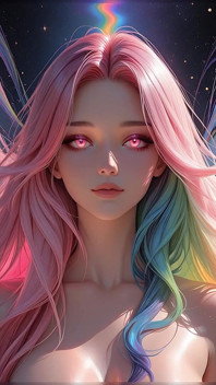 Beauté cosmique arc-en-ciel avec des yeux roses brillants, portrait fantastique, diaporama d’art ai art