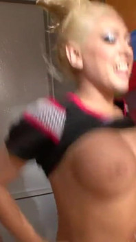 BIGTITS - Babe cheerleader with big boobs seduces muscled hunk with her strip show