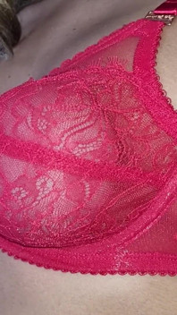 Sensual Red Lace Bra, Spandex Gloves, Caressing My Round and Firm Tits