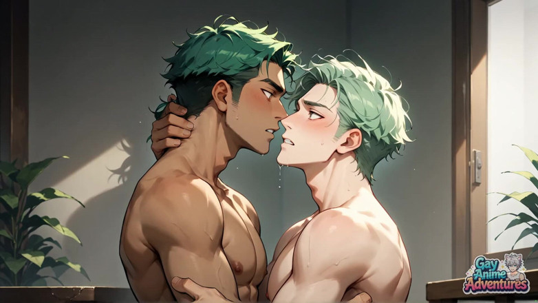 Gay Anime Adventures: Fessura solare del muscolo verde del muscolo dai capelli verdi...