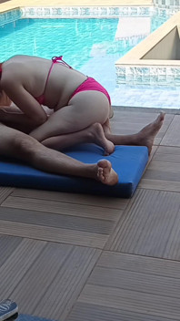 Redhead Riding the Cock by the Pool