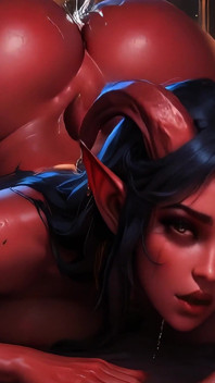 Une bombasse démoniaque rouge qui adore baiser rend visite à un homme la nuit (ai generated)