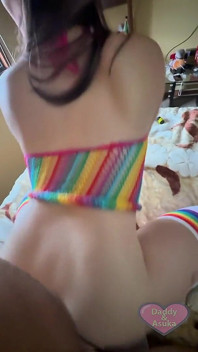 Asuka & Stepdaddy Play While She Wears Her Sexy Rainbow Stockings and Colorful Body Fishnet