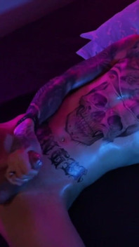 Hot Tattooed Twink Jerking His Big Uncut Cock with Oil and Shooting His Cum