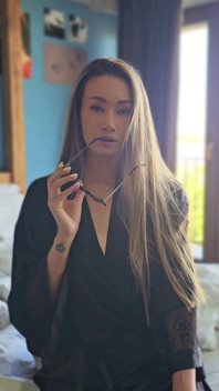Asian MILF with Glasses in Silk Robe