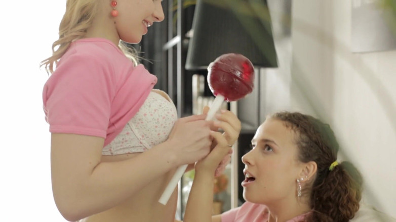 Adult Deluxe: Pigtailed Lesbians Share a Lollipop &amp; Fuck