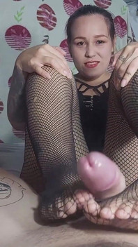 Skilled Latina Girlfriend Gives Tape Gagged Footjob in Sexy Fishnets