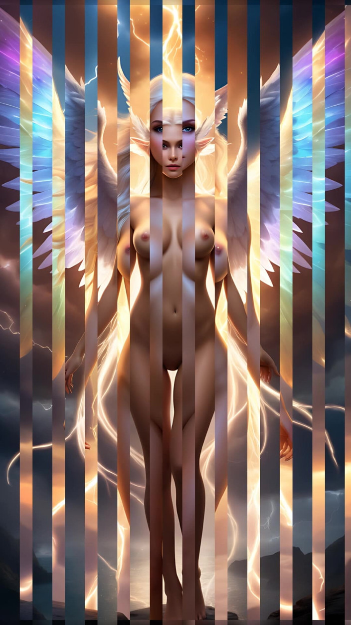 LustRender: Hermosa mujer elfa desnuda brillando debajo de las alas iluminadas...