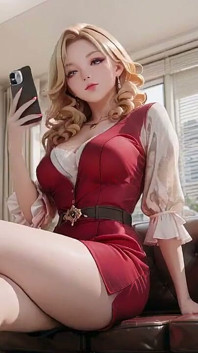 Blonde Boss in Red! Lazy Leg Cross on Leather Sofa, Staring Right at You.