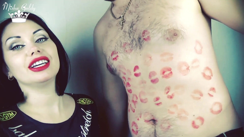 Goddess Misha Goldy: Covering Alex belly, chest and navel with red lipstick kisses!!